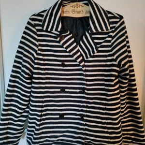 Lands’ End Women’s Striped Fleece Pea Coat Size M Nautical Blue White